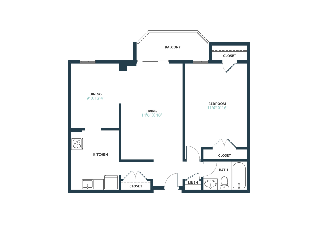 Floor plan for 1 bed, 1 bath, 776 sqft